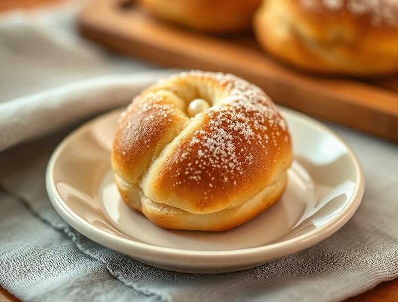 Freshly baked cardamom bun dusted with pearl sugar on a ceramic plate