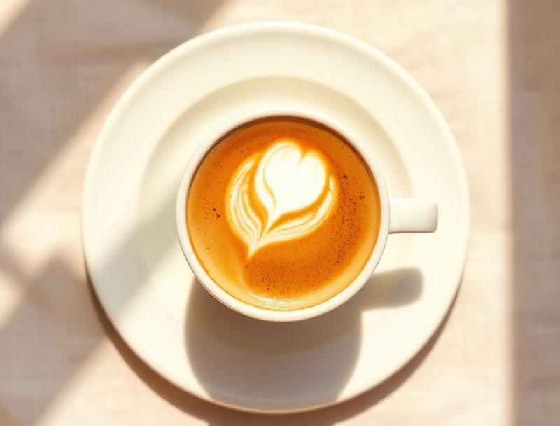 Flat white coffee with delicate latte art in a cream ceramic cup