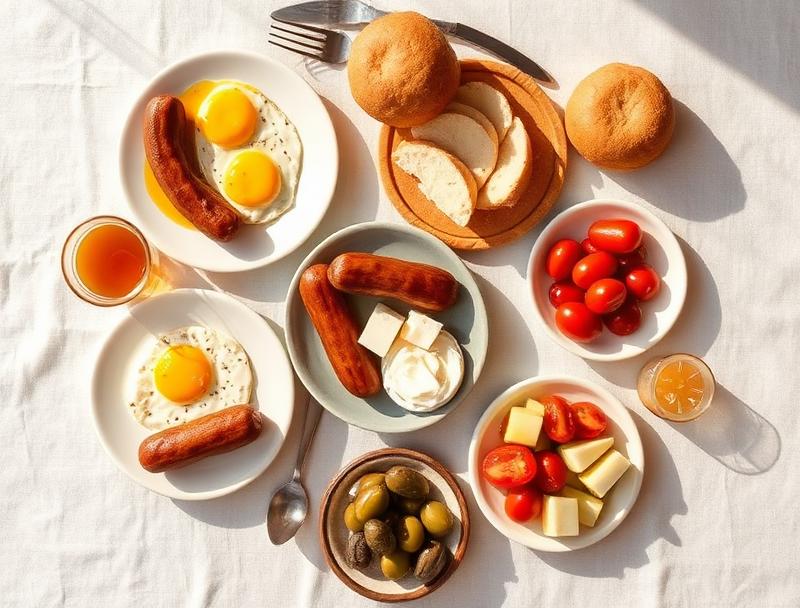 Turkish breakfast spread with sucuk, eggs, cheeses, olives and simit