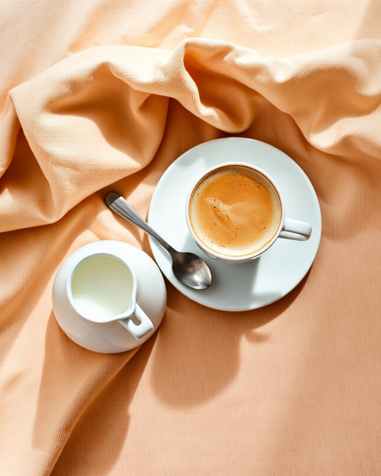 Flat white coffee with milk jug
