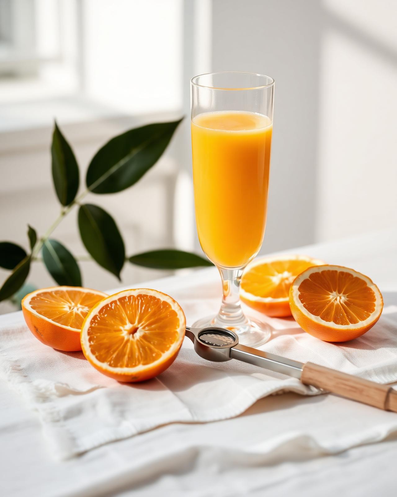 Fresh orange juice with halved oranges