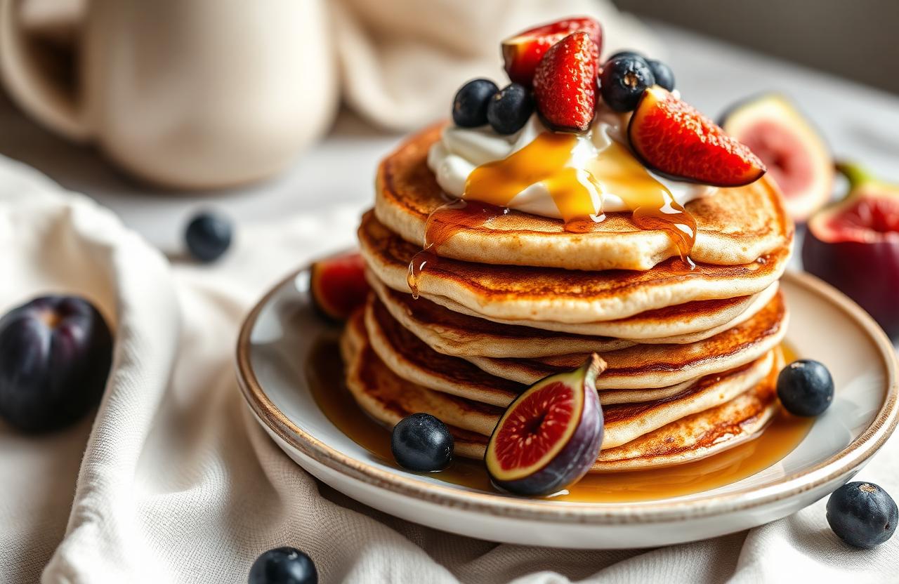 Stack of pancakes with berries and figs