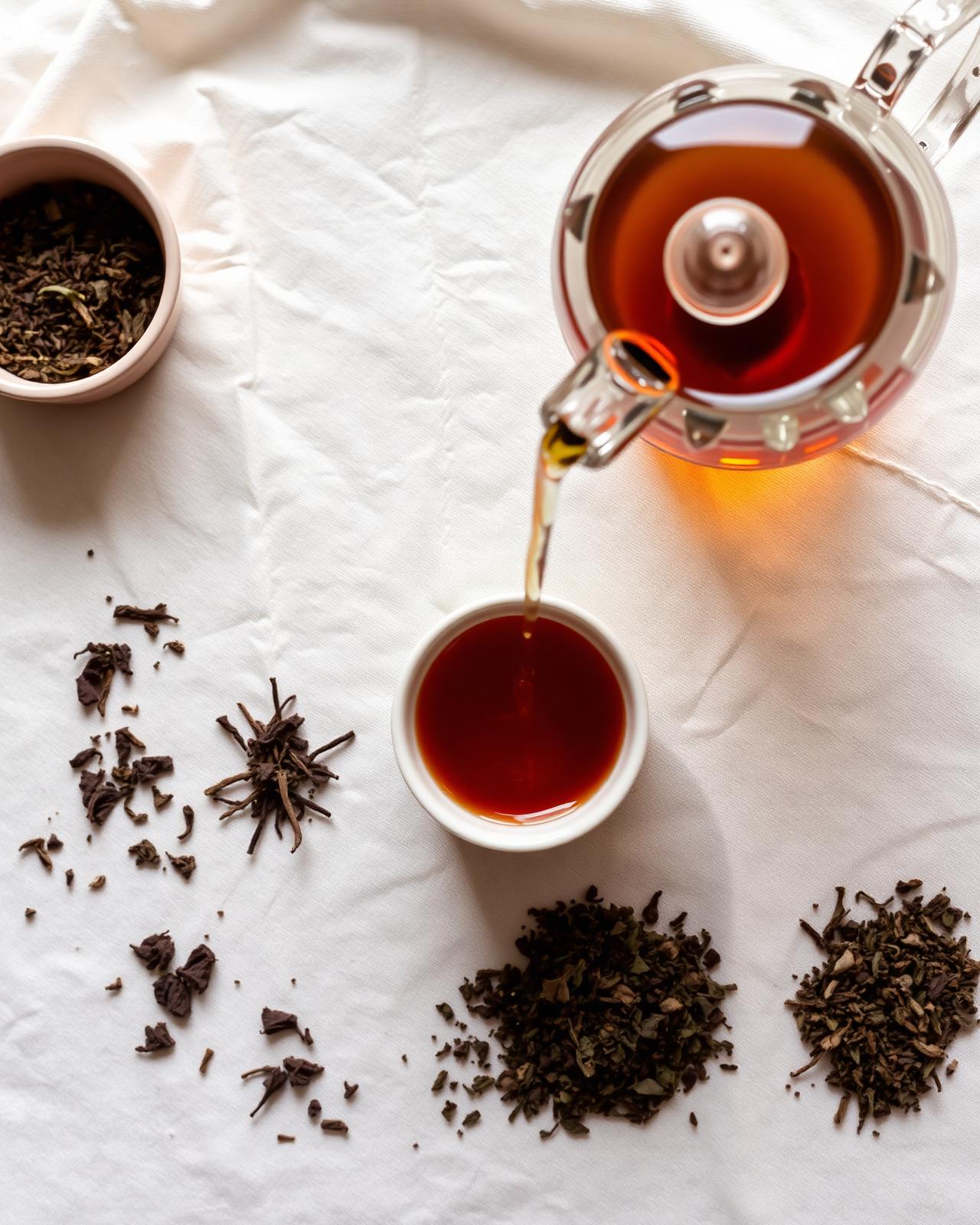 Glass teapot pouring tea with loose leaves
